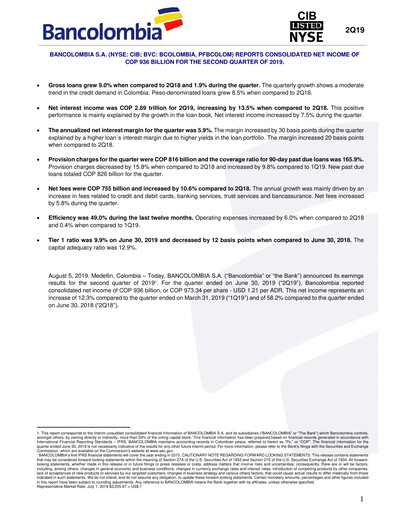 Vorschaubild Grupo Cibest (Bancolombia) Quartalsbericht 2019-q2