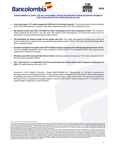 Vorschaubild Grupo Cibest (Bancolombia) Quartalsbericht 2019-q3