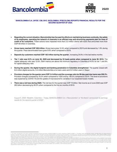 Vorschaubild Grupo Cibest (Bancolombia) Quartalsbericht 2020-q2