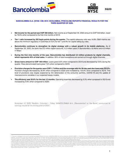 Vorschaubild Grupo Cibest (Bancolombia) Quartalsbericht 2020-q3