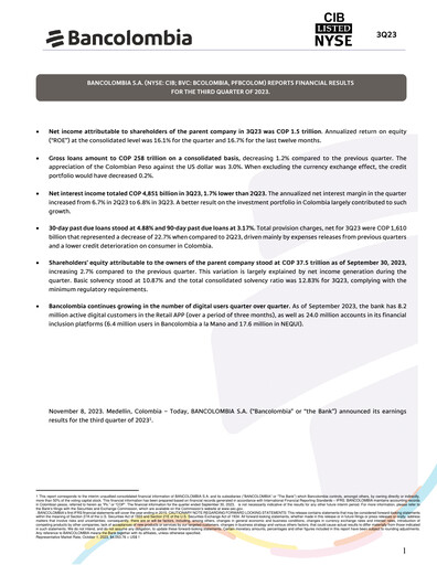 Vorschaubild Grupo Cibest (Bancolombia) Quartalsbericht 2023-q3
