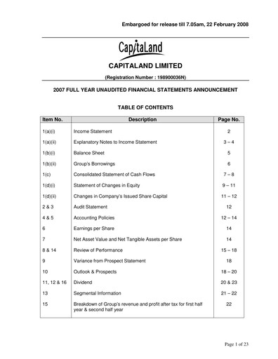 Thumbnail CapitaLand Investment Limited Financial Statement 2007