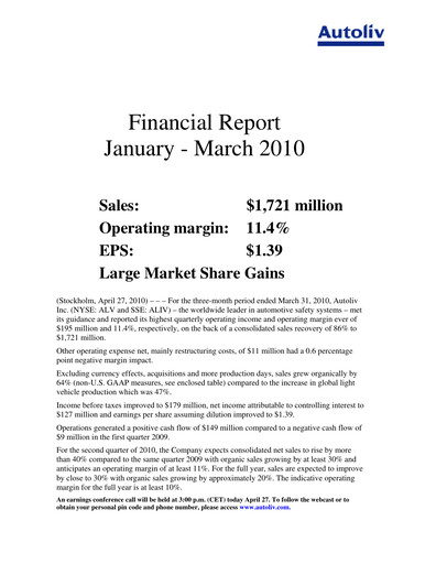 Thumbnail Autoliv Quarterly Report 2010-q1
