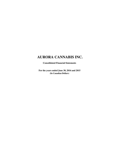 Miniature Aurora Cannabis Bilan financier fy2016