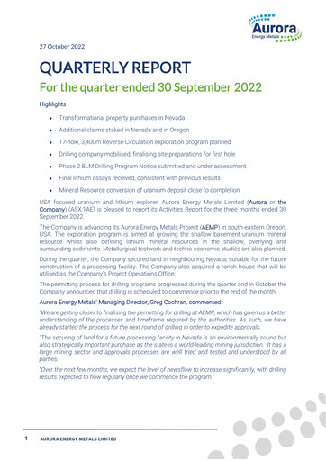Thumbnail Aurora Energy Metals Quarterly Report 2022-q3