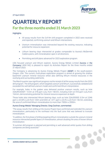 Thumbnail Aurora Energy Metals Quarterly Report 2023-q1