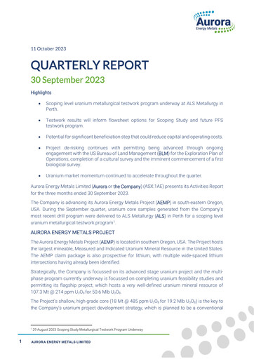 Thumbnail Aurora Energy Metals Quarterly Report 2023-q3