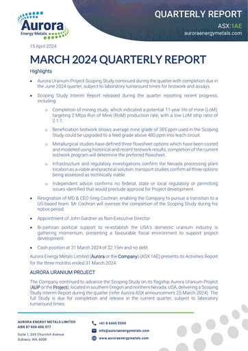 Thumbnail Aurora Energy Metals Quarterly Report 2024-q1