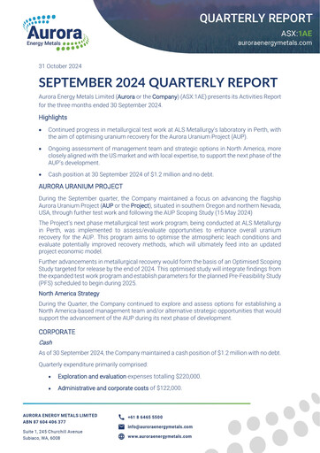 Thumbnail Aurora Energy Metals Quarterly Report 2024-q3