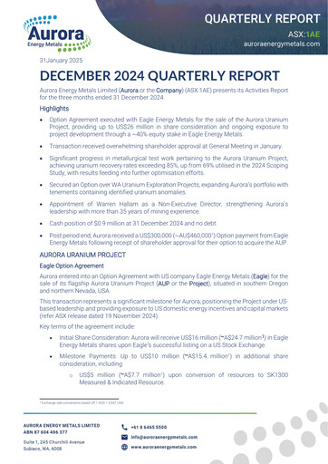 Thumbnail Aurora Energy Metals Quarterly Report 2024-q4