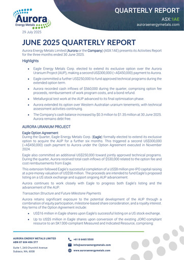 Thumbnail Aurora Energy Metals Quarterly Report 2025-q2
