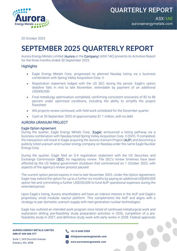 Thumbnail Aurora Energy Metals Quarterly Report 2025-q3