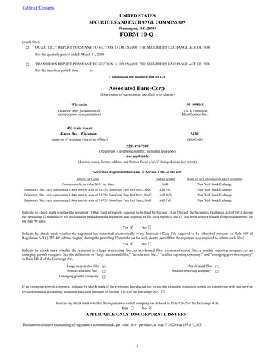 Thumbnail Associated Banc-Corp
 Quarterly Report 2020-q1