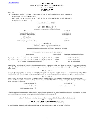 Thumbnail Associated Banc-Corp
 Quarterly Report 2023-q1