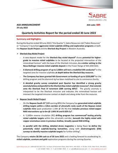 Miniature Sabre Resources Rapport trimestriel 2022-q4