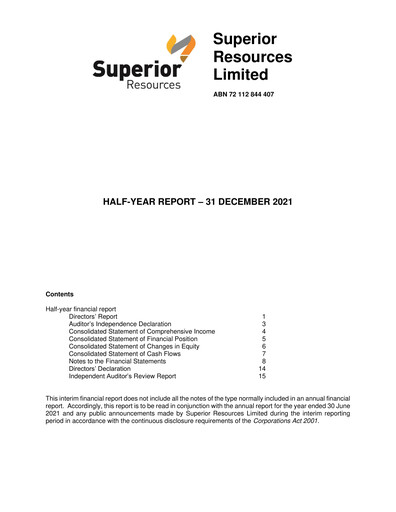 Thumbnail Superior Resources Financial Report 2022-h1