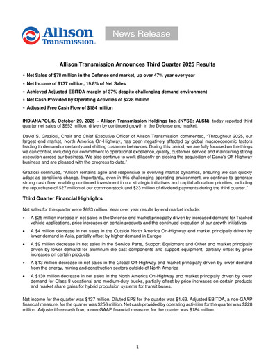 Thumbnail Allison Transmission
 Quarterly Report 2025-q3
