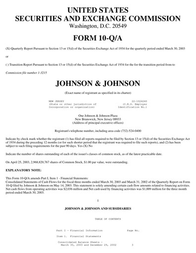 Miniature Johnson & Johnson Rapport trimestriel 2003-q1