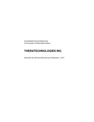 Thumbnail Theratechnologies Financial Statement fy2019