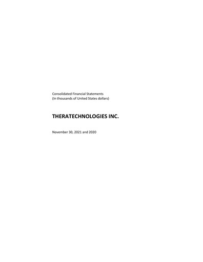 Thumbnail Theratechnologies Financial Statement fy2021