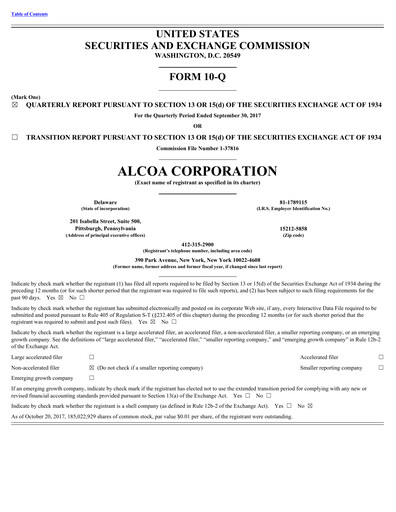 Miniature Alcoa Rapport trimestriel 2017-q3