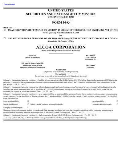 Miniature Alcoa Rapport trimestriel 2018-q1