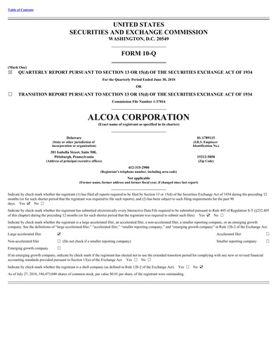 Miniature Alcoa Rapport trimestriel 2018-q2
