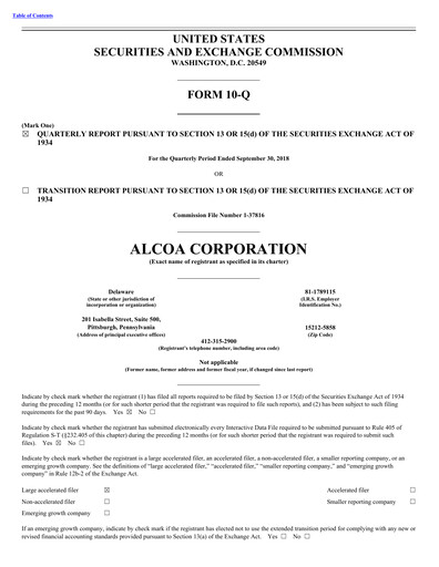 Miniature Alcoa Rapport trimestriel 2018-q3