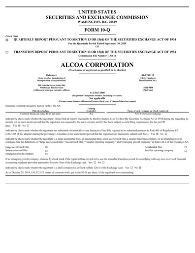 Miniature Alcoa Rapport trimestriel 2019-q3
