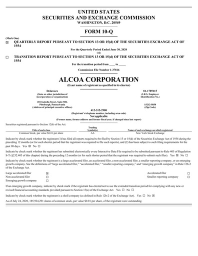 Miniature Alcoa Rapport trimestriel 2020-q2