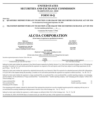 Miniature Alcoa Rapport trimestriel 2020-q3