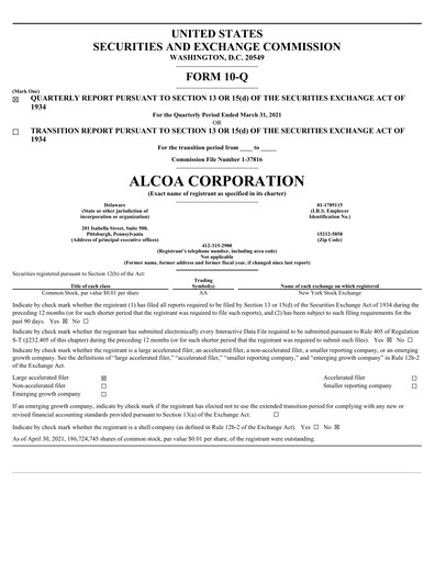 Miniature Alcoa Rapport trimestriel 2021-q1