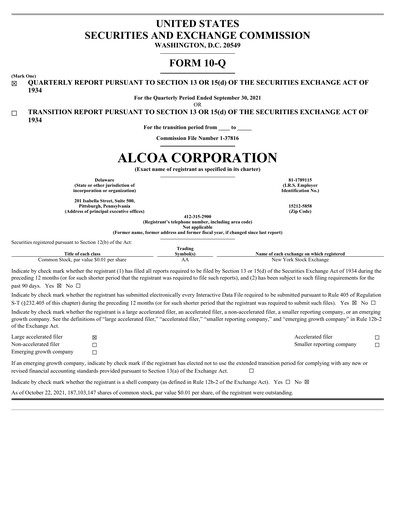 Miniature Alcoa Rapport trimestriel 2021-q3