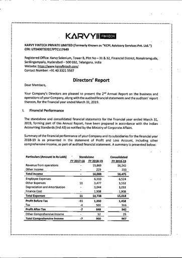 Thumbnail KFin Technologies Annual Report 2018-2019