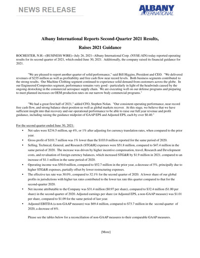 Thumbnail Albany International
 Quarterly Report 2021-q2