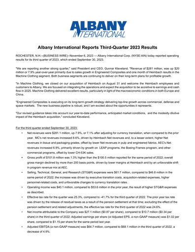 Thumbnail Albany International
 Quarterly Report 2023-q3