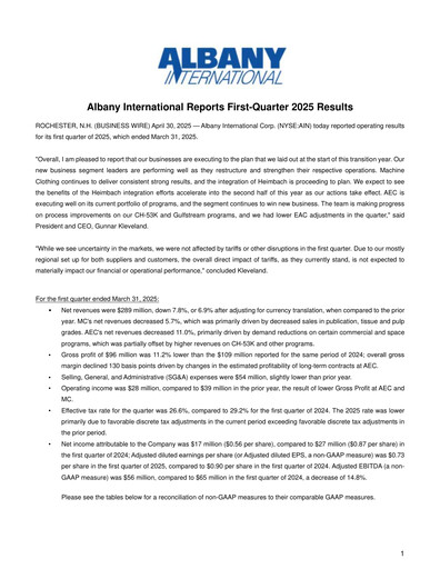 Thumbnail Albany International
 Quarterly Report 2025-q1