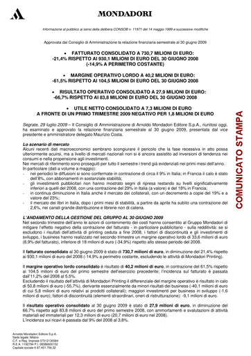 Thumbnail Arnoldo Mondadori Editore Half-year Report 2009-h1