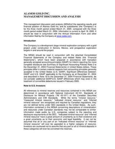 Thumbnail Alamos Gold Quarterly Report 2005-q1