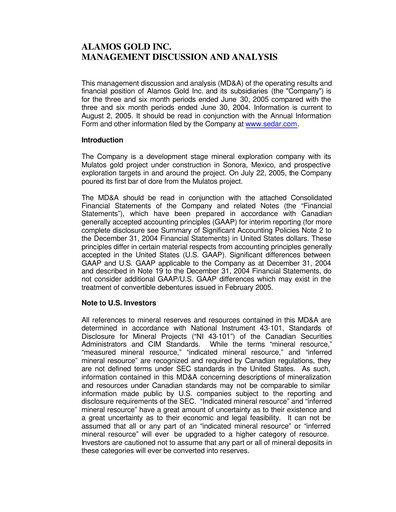 Thumbnail Alamos Gold Quarterly Report 2005-q2