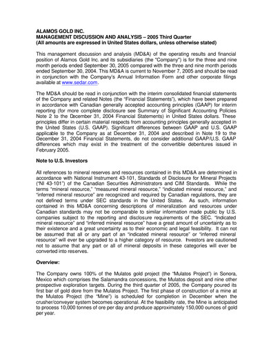 Thumbnail Alamos Gold Quarterly Report 2005-q3