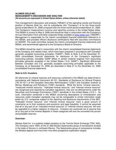 Thumbnail Alamos Gold Quarterly Report 2006-q1