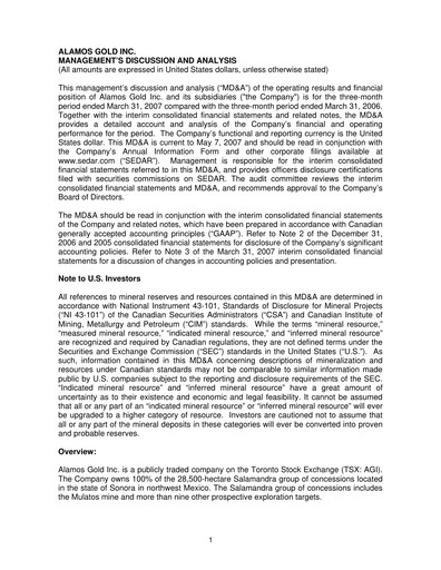 Thumbnail Alamos Gold Quarterly Report 2007-q1