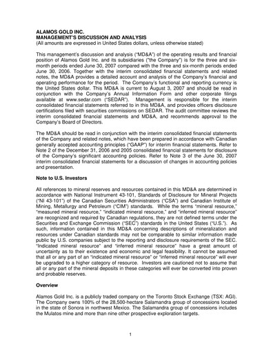Thumbnail Alamos Gold Quarterly Report 2007-q2