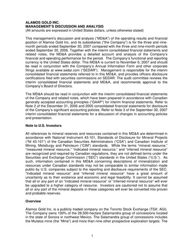 Thumbnail Alamos Gold Quarterly Report 2007-q3