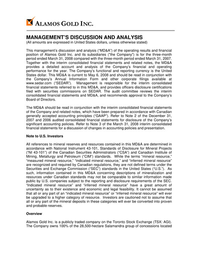 Thumbnail Alamos Gold Quarterly Report 2008-q1