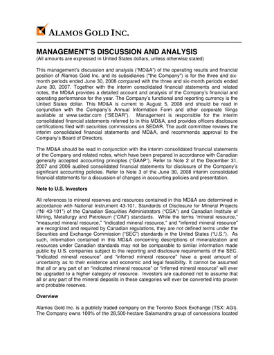 Thumbnail Alamos Gold Quarterly Report 2008-q2
