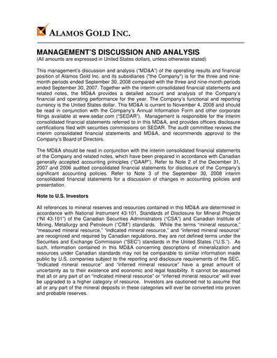 Thumbnail Alamos Gold Quarterly Report 2008-q3