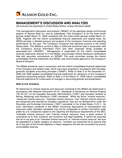 Thumbnail Alamos Gold Quarterly Report 2009-q1