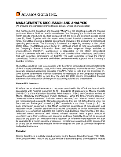 Thumbnail Alamos Gold Quarterly Report 2009-q2